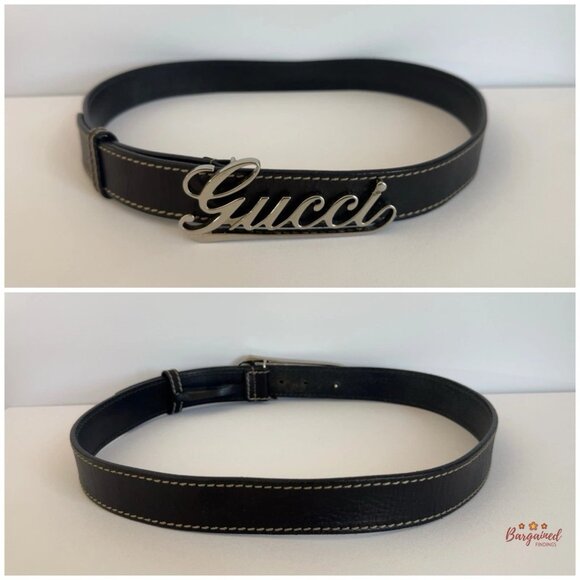 Authentic GUCCI Black Leather Silver Italics Script Logo Buckle Belt 90/36 - Picture 4 of 13
